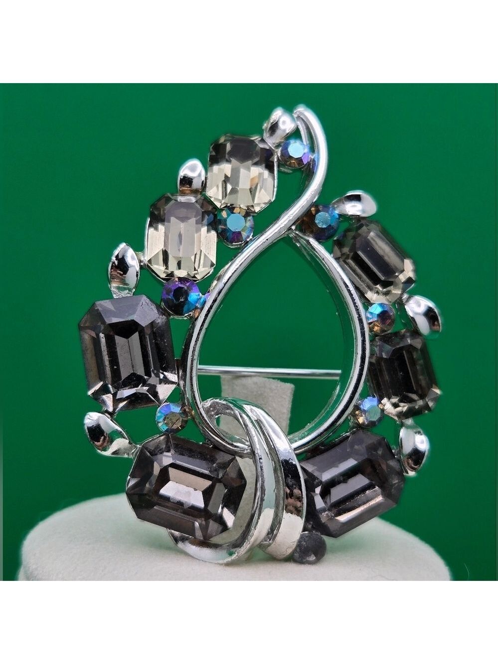 Smoke and Clear Aurora Borealis AB Rhinestone Swirl Brooch Vintage Signed Lisner